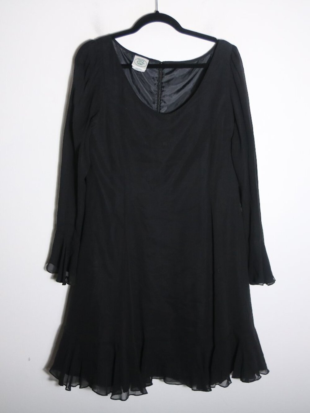 Laura‎ Ashley Vintage 100% Silk Flutter Swing Dress 12 Black Sheer Whimsy Witchy